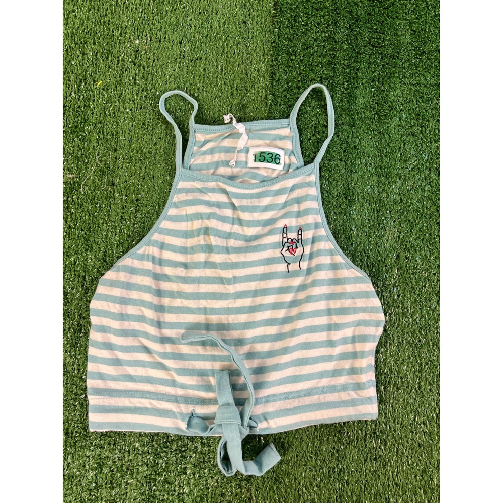 Empyre Womens XS Striped Crop Top Blue White Rock On Hand Tie Front High Neck